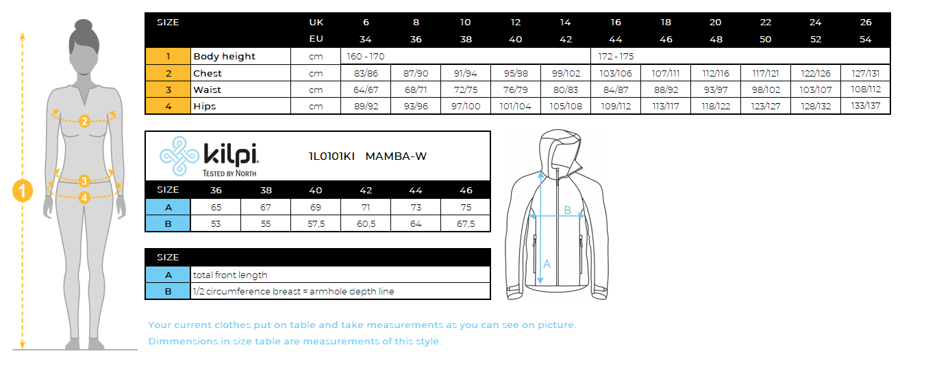 Veste imperméable hardshell pour femme Kilpi MAMBA-W – Size chart