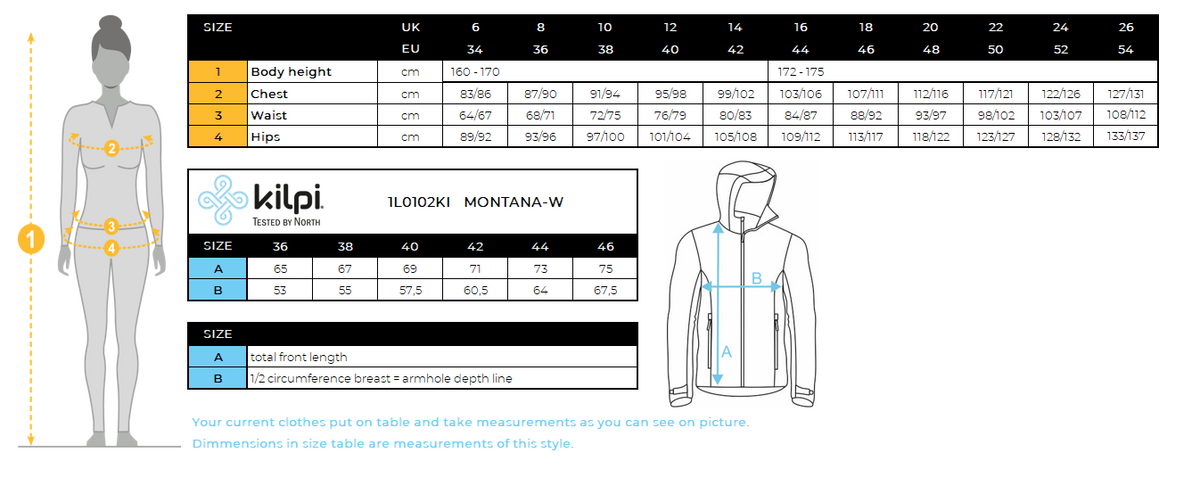 Veste à membrane pour femme Kilpi MONTANA-W – Size chart