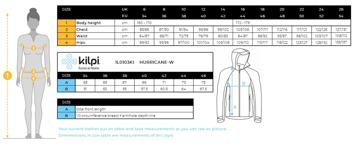 Veste imperméable femme Kilpi HURRICANE-W – Size chart