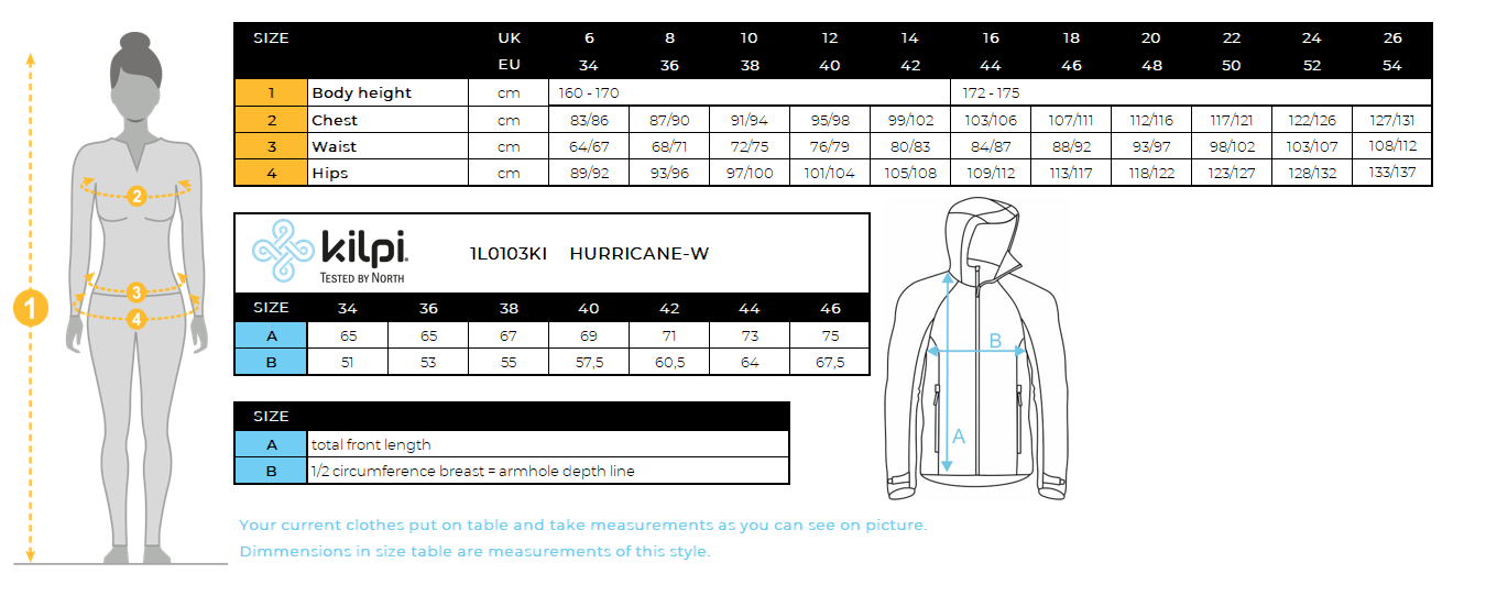 Veste imperméable femme Kilpi HURRICANE-W – Size chart