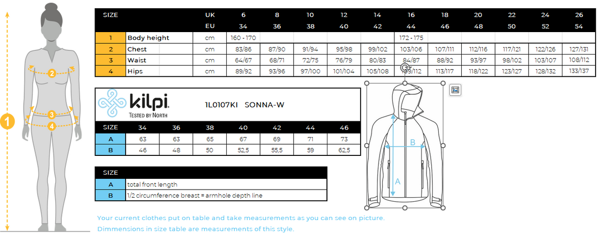 Veste outdoor femme Kilpi SONNA-W – Size chart
