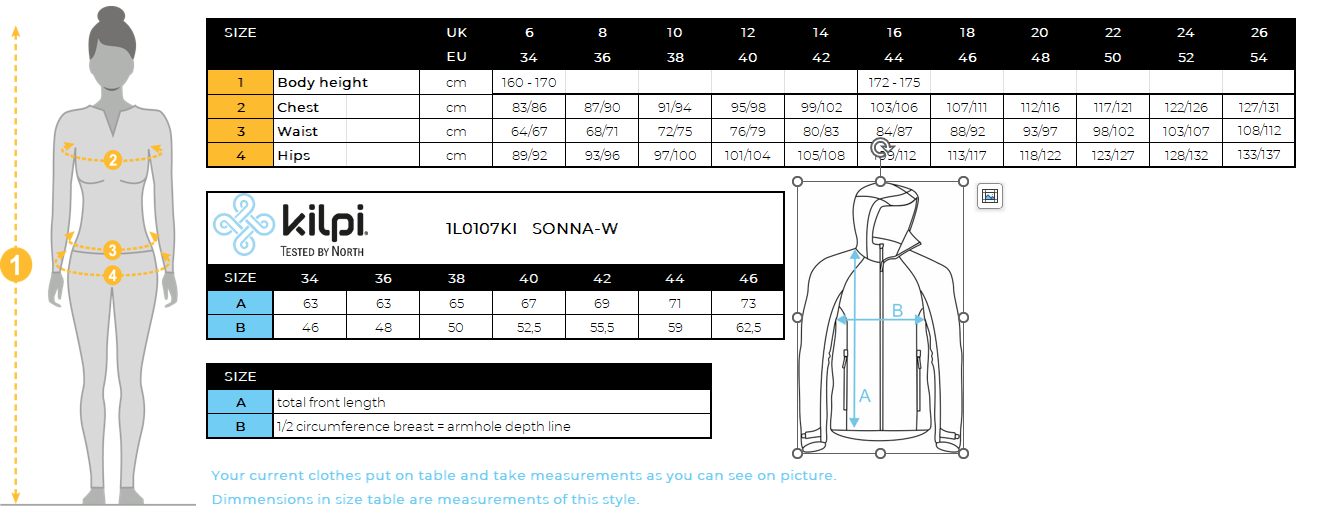 Veste outdoor femme Kilpi SONNA-W – Size chart