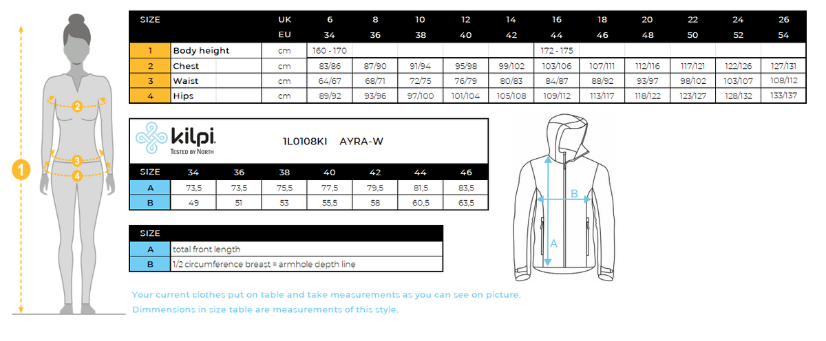Manteau d'extérieur femme Kilpi AYRA-W – Size chart