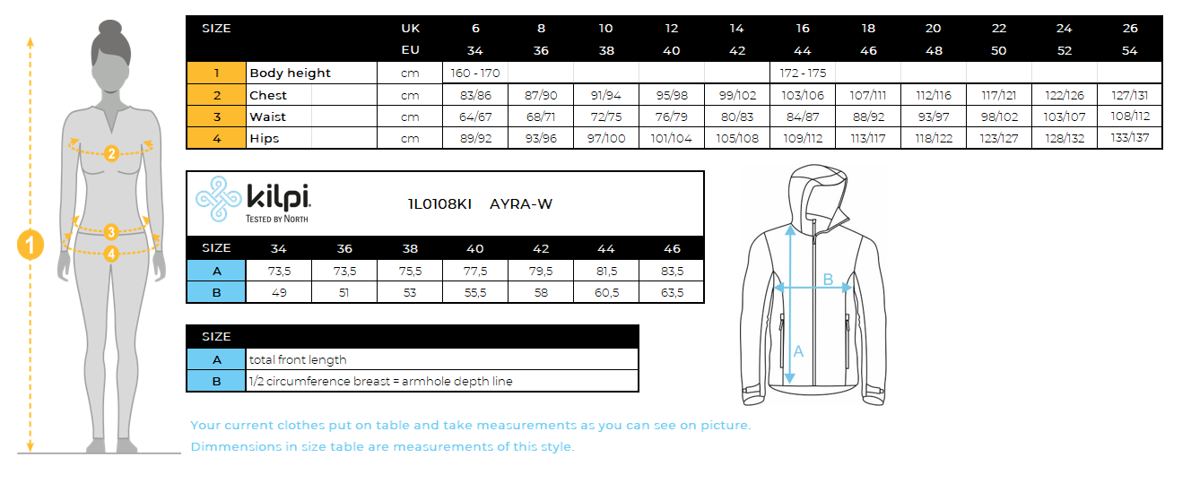 Manteau d'extérieur femme Kilpi AYRA-W – Size chart