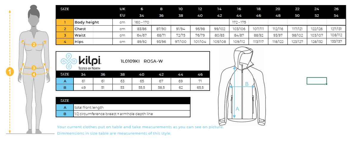 Veste coupe-vent légère pour femme Kilpi ROSA-W – Size chart