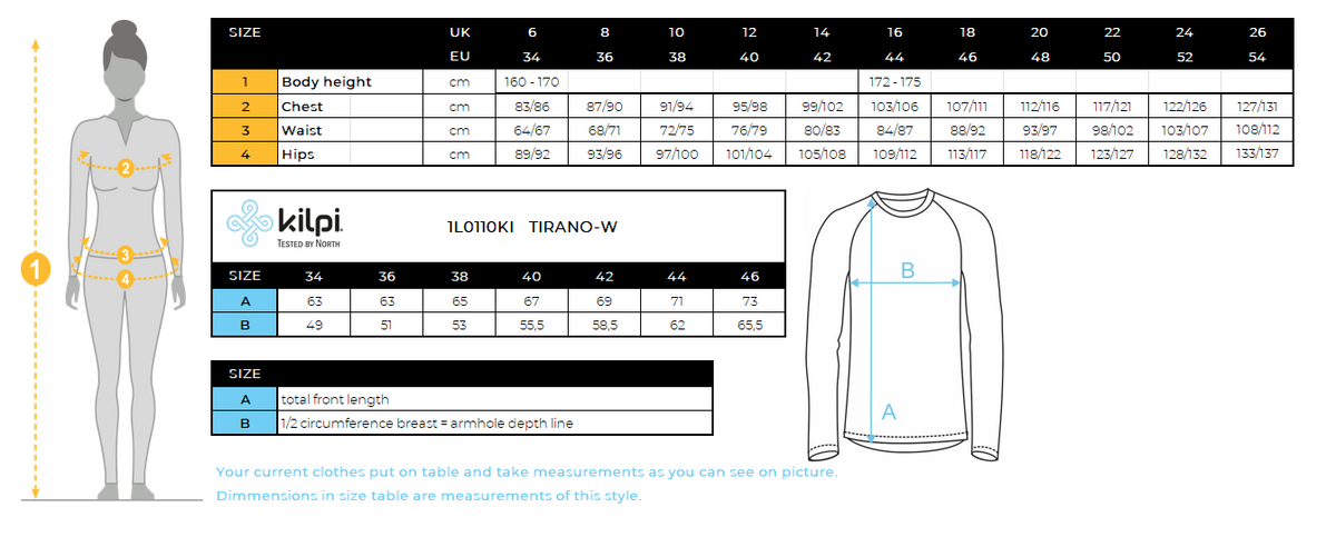 Veste de running femme Kilpi TIRANO-W – Size chart