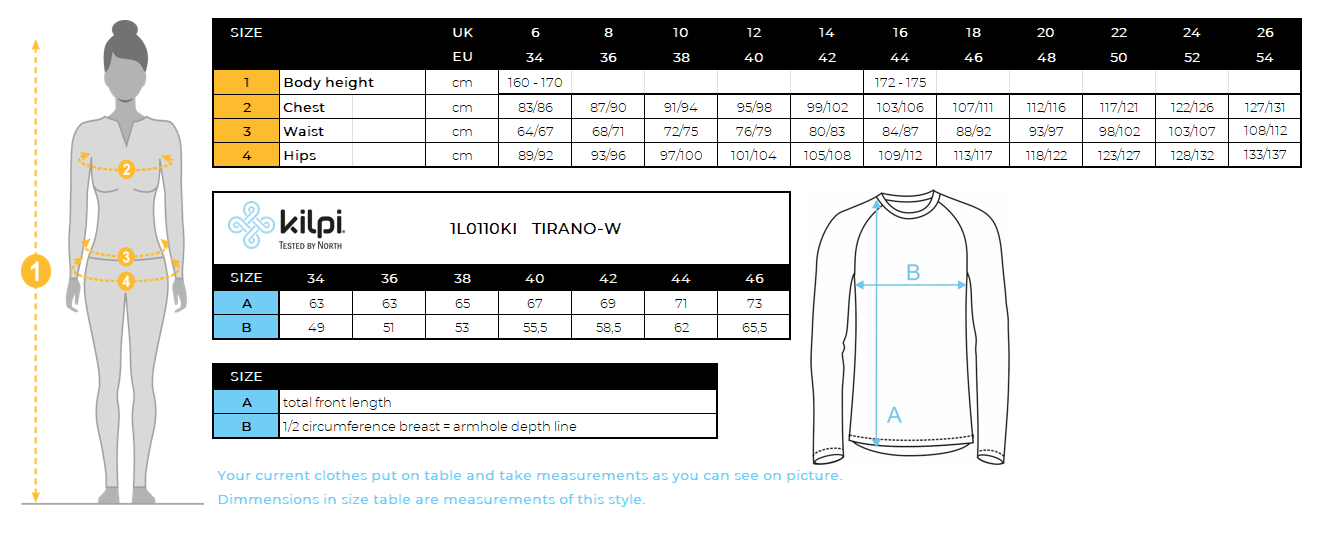 Veste de running femme Kilpi TIRANO-W – Size chart