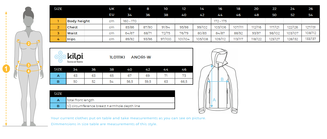 Veste de running ultralégère femme Kilpi ANORI-W – Size chart