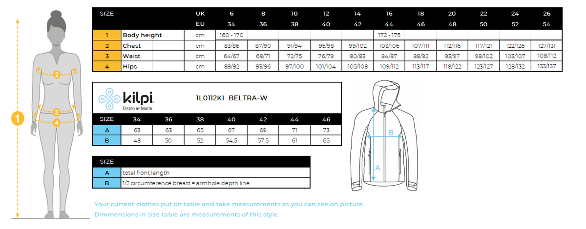 Veste softshell femme Kilpi BELTRA-W – Size chart