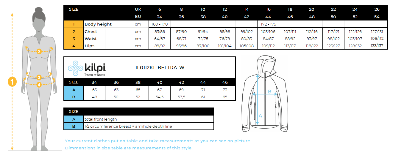 Veste softshell femme Kilpi BELTRA-W – Size chart