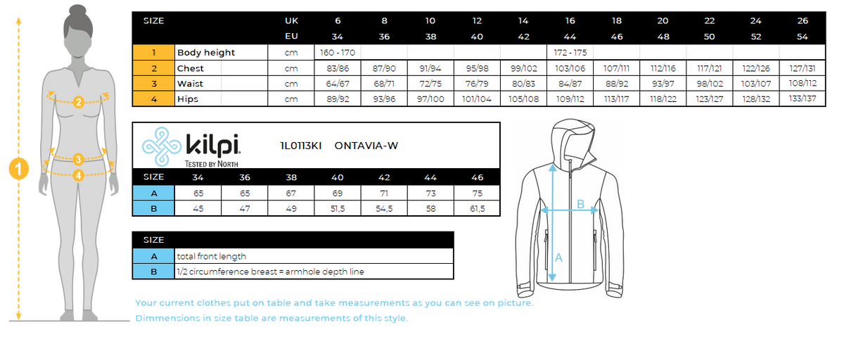 Veste softshell femme Kilpi ONTAVIA-W – Size chart