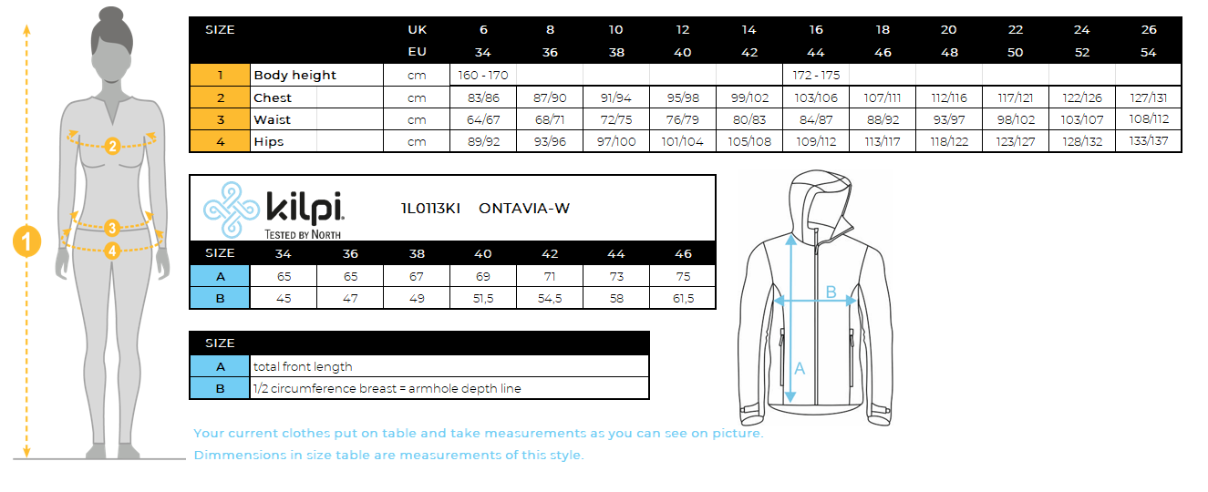 Veste softshell femme Kilpi ONTAVIA-W – Size chart