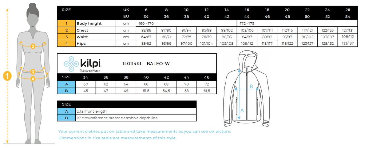 Veste de running softshell femme Kilpi BALEO-W – Size chart