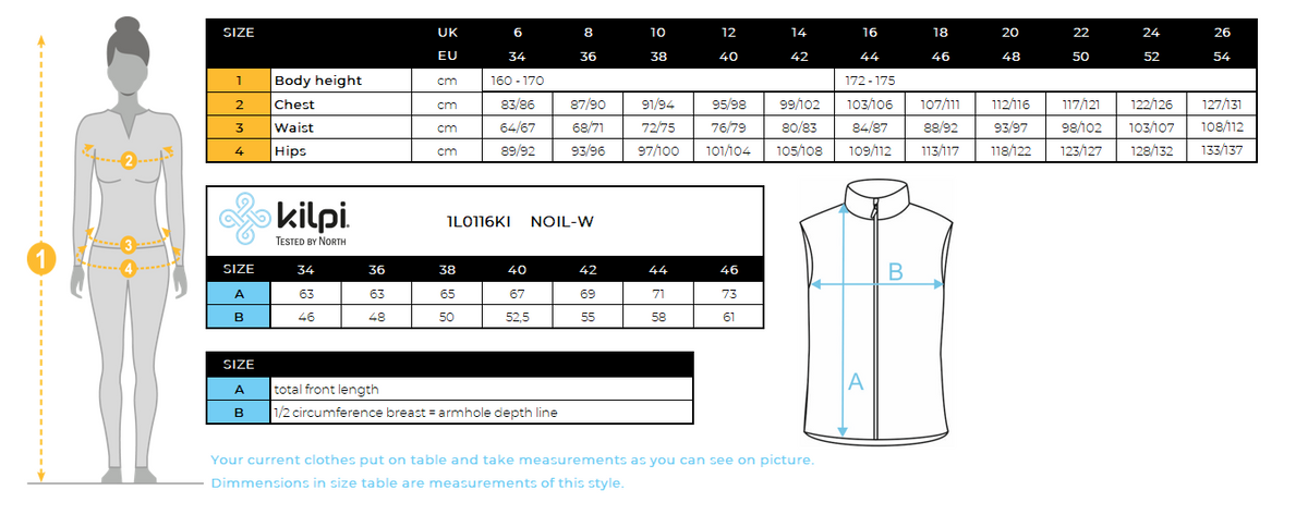Gilet softshell femme Kilpi NOIL-W – Size chart