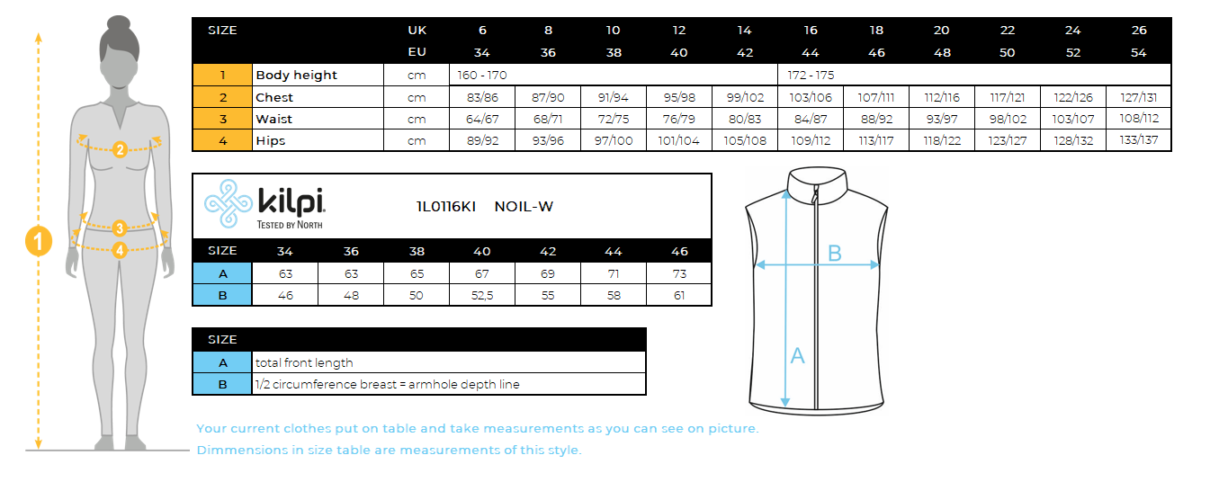 Gilet softshell femme Kilpi NOIL-W – Size chart