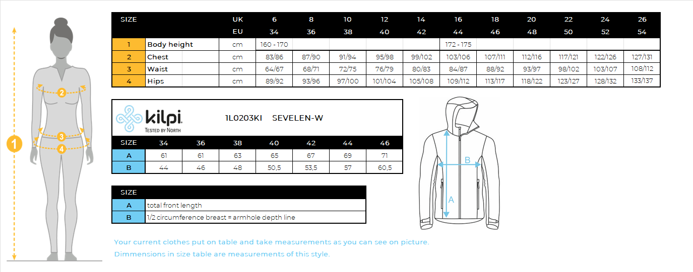 Sweat-shirt fonctionnel pour femmes Kilpi SEVELEN-W – Size chart