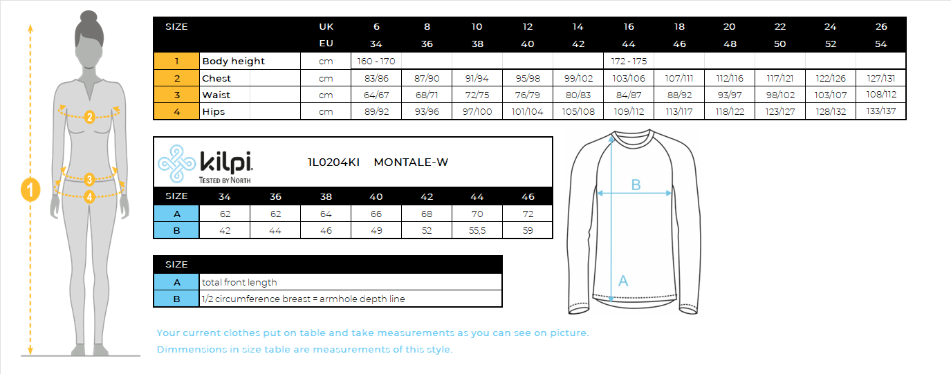 Sweat technique femme Kilpi MONTALE-W – Size chart