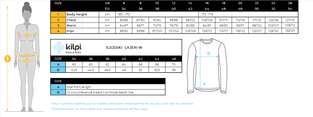 Couche intermédiaire sportive femme Kilpi LAJEN-W – Size chart