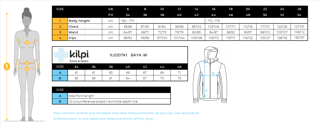 Sweat à capuche en coton pour femme Kilpi BAYA-W – Size chart