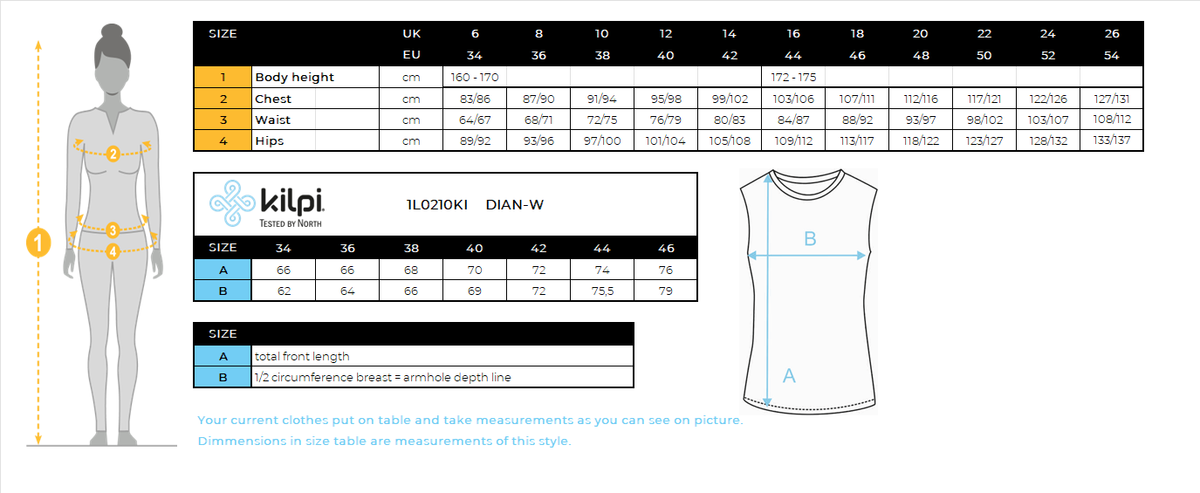 Sweat à capuche femme Kilpi DIAN-W – Size chart