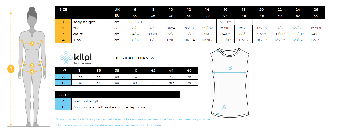 Sweat à capuche femme Kilpi DIAN-W – Size chart