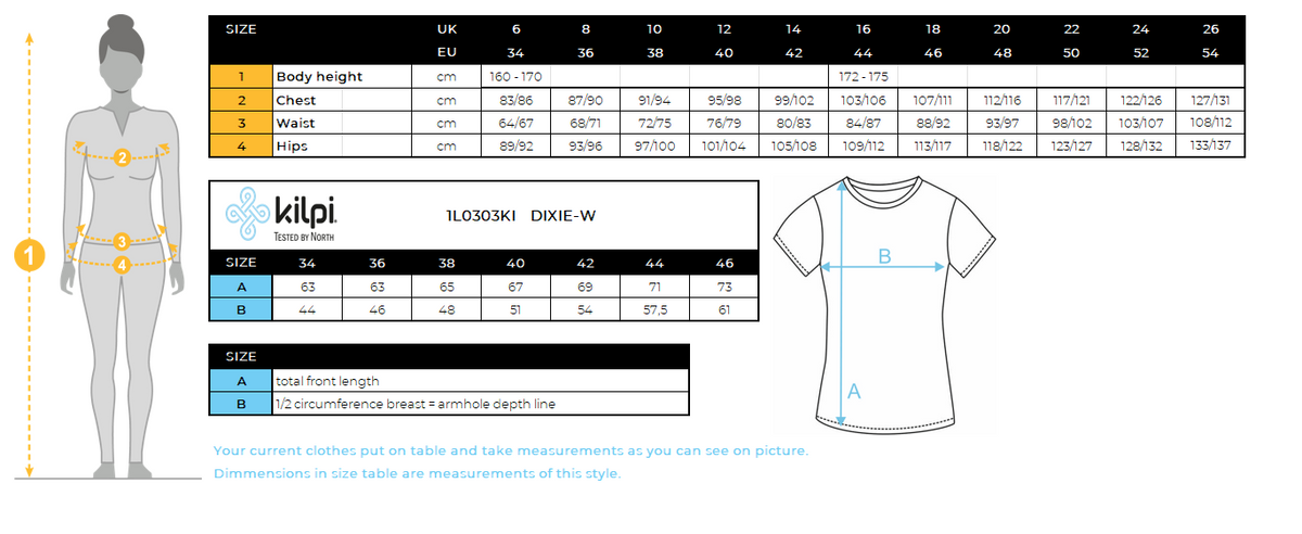 T-shirt femme Kilpi DIXIE-W – Size chart