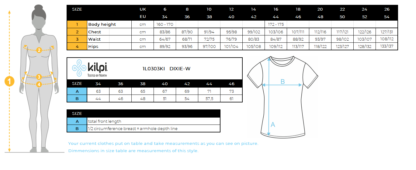 T-shirt femme Kilpi DIXIE-W – Size chart