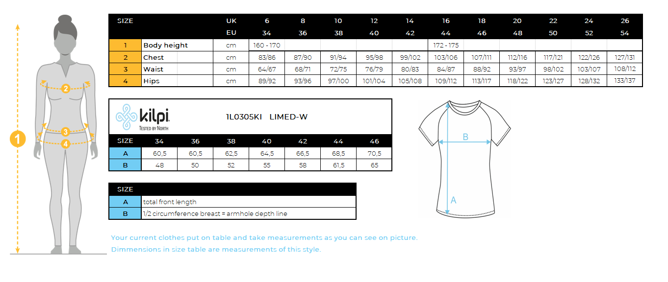 T-shirt technique femme Kilpi LIMED-W – Size chart