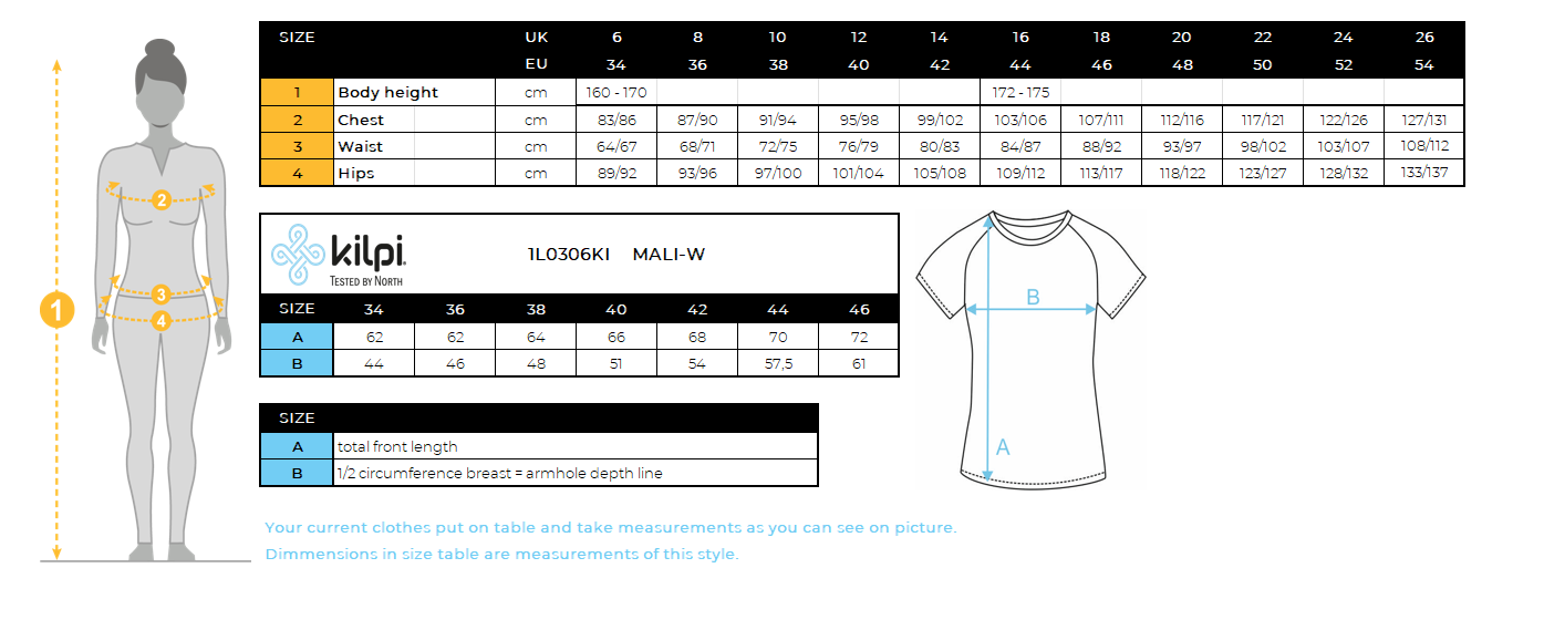T-shirt fonctionnel femme Kilpi MALI-W – Size chart
