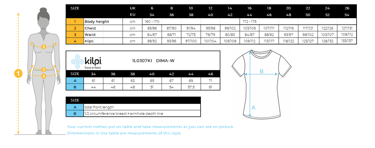 T-shirt fonctionnel femme Kilpi DIMA-W – Size chart