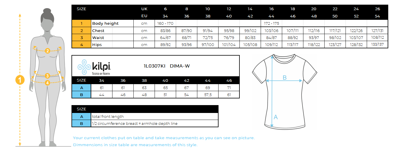 T-shirt fonctionnel femme Kilpi DIMA-W – Size chart