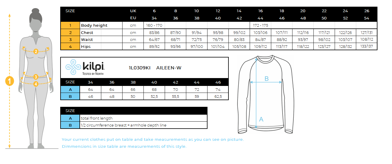 Sweat fitness femme Kilpi AILEEN-W – Size chart