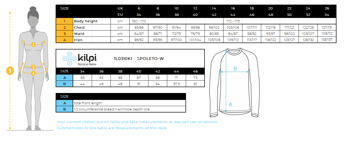 T-shirt fonctionnel à manches longues pour femme Kilpi SPOLETO-W – Size chart