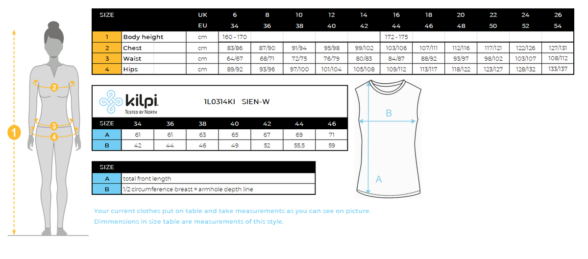 Haut de course femme Kilpi SIEN-W – Size chart