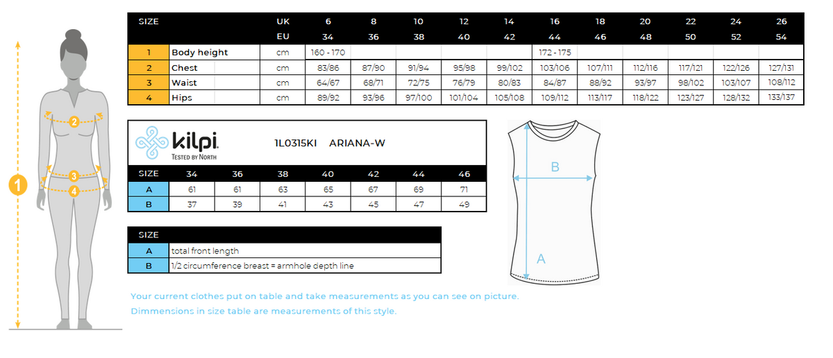 Top technique femme Kilpi ARIANA-W – Size chart