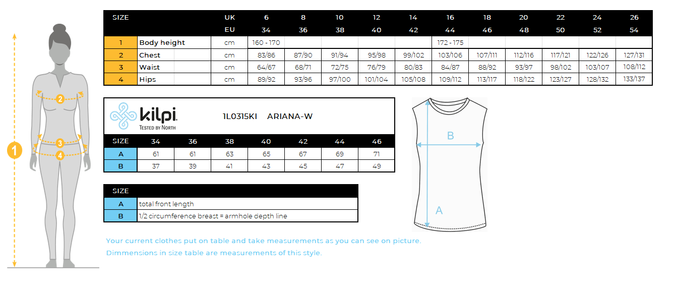 Top technique femme Kilpi ARIANA-W – Size chart