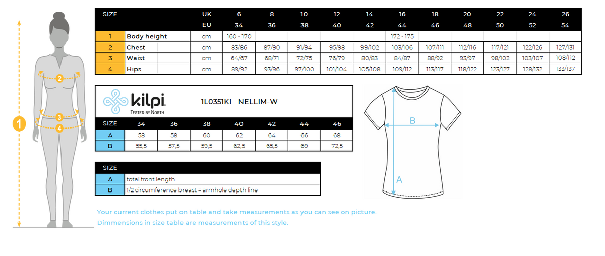 T-shirt en coton pour femmes Kilpi NELLIM-W – Size chart