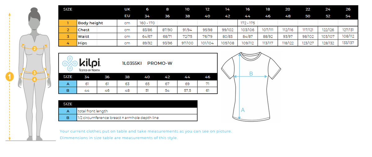 T-shirt en coton pour femmes Kilpi PROMO-W – Size chart
