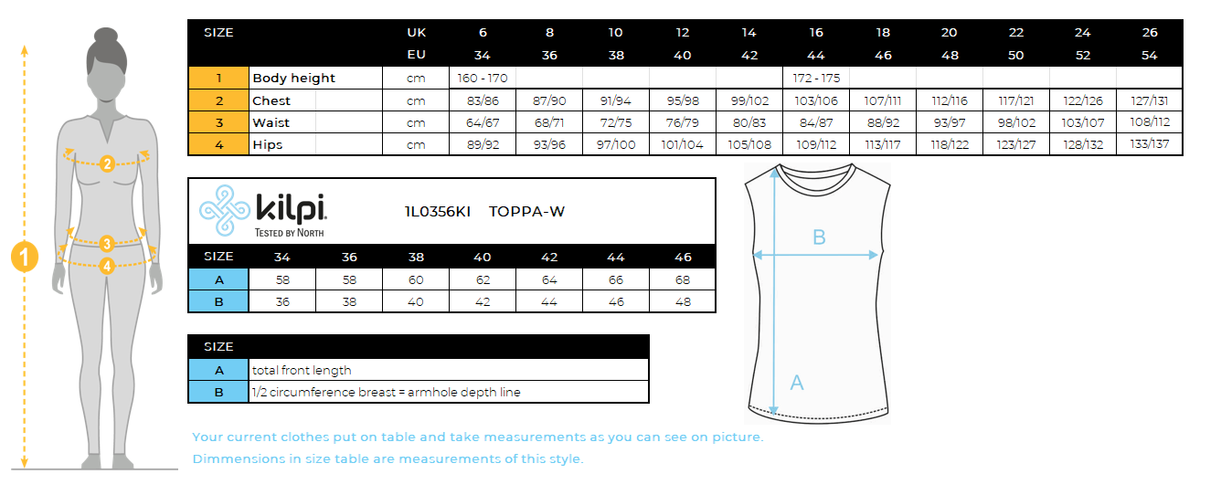 Débardeur en coton pour femme Kilpi TOPPA-W – Size chart