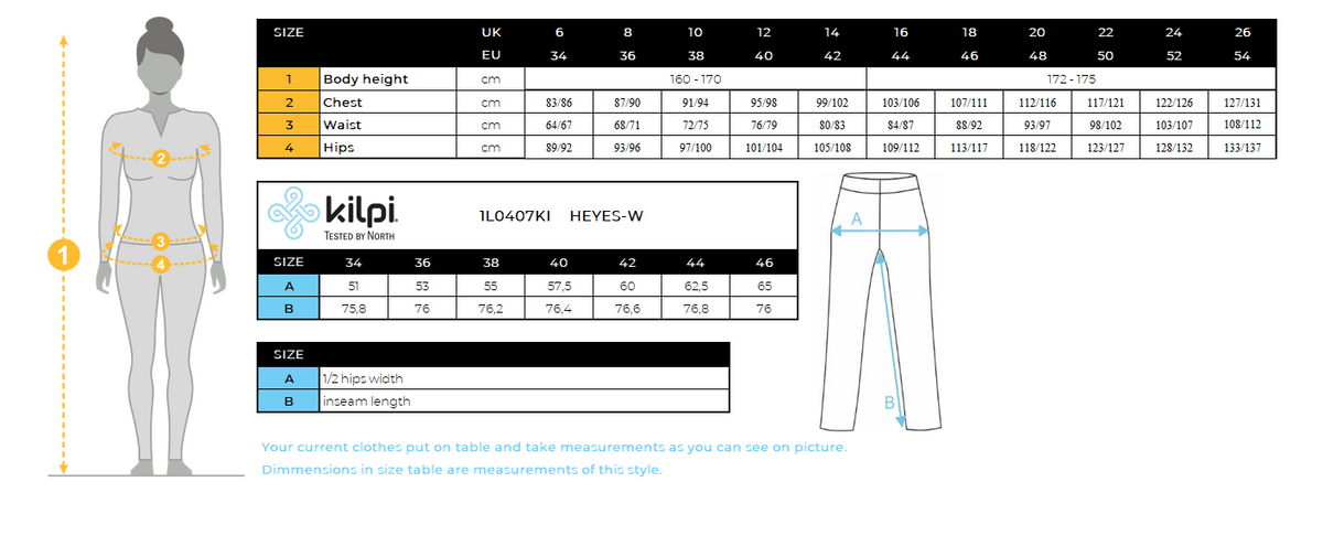 Pantalon de running femme Kilpi HEYES-W – Size chart
