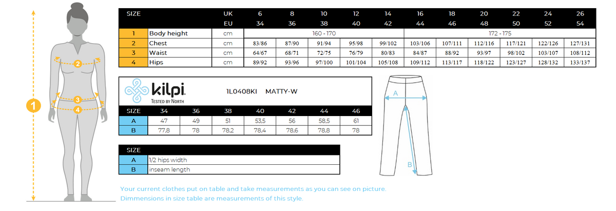 Pantalon de survêtement en coton pour femme Kilpi MATTY-W – Size chart
