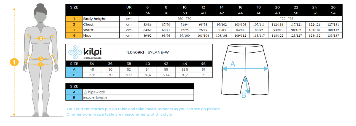 Short outdoor femme Kilpi SYLANE-W – Size chart