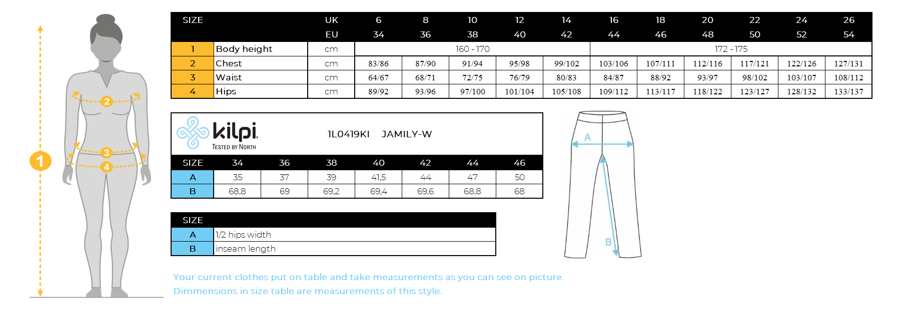 Legging de sport femme Kilpi JAMILY-W – Size chart