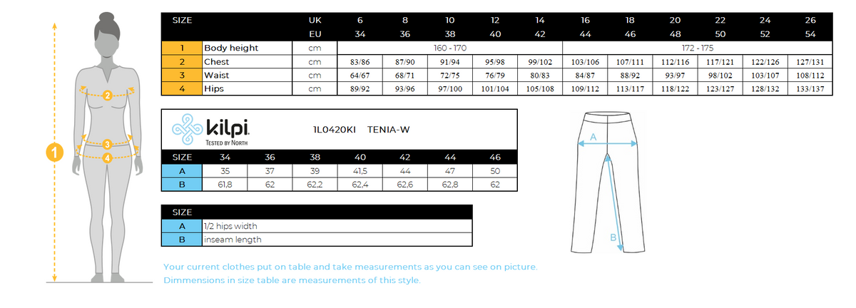 Legging de sport femme Kilpi TENIA-W – Size chart