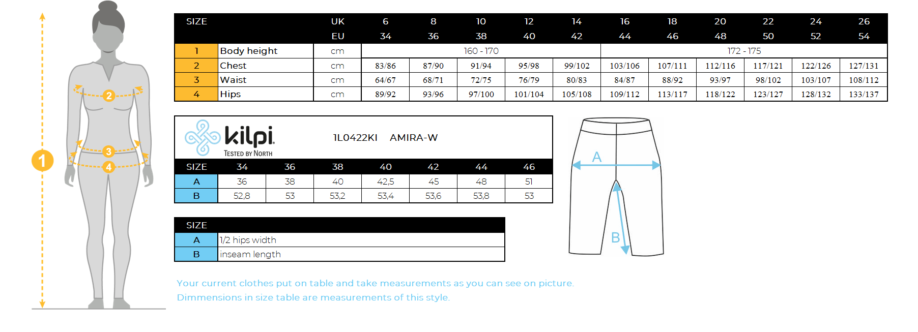 Legging 3/4 fitness femme Kilpi AMIRA-W – Size chart