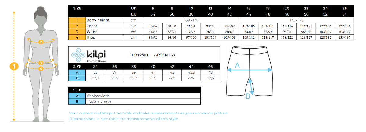 Legging court femme Kilpi ARTEMI-W – Size chart