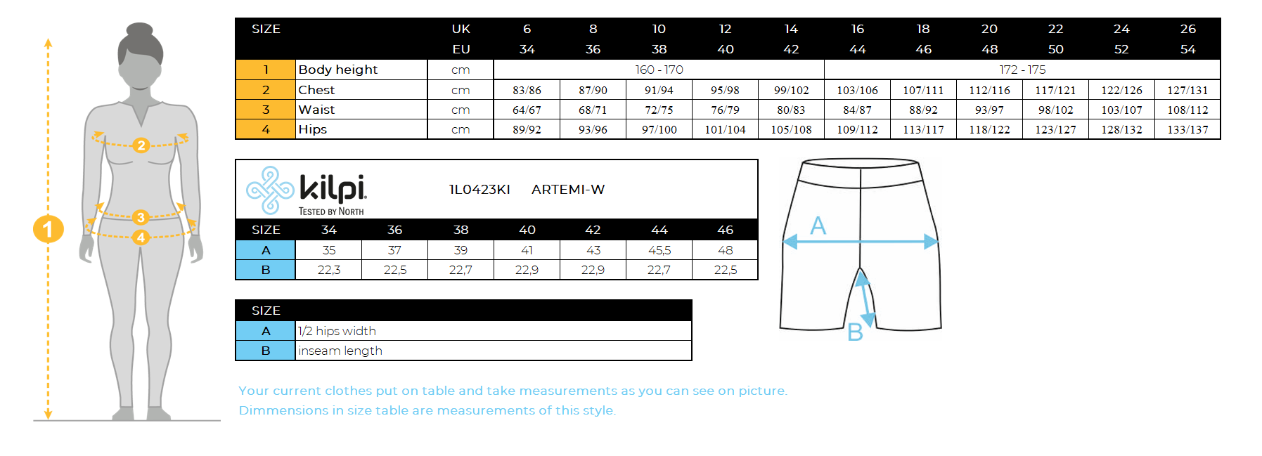 Legging court femme Kilpi ARTEMI-W – Size chart