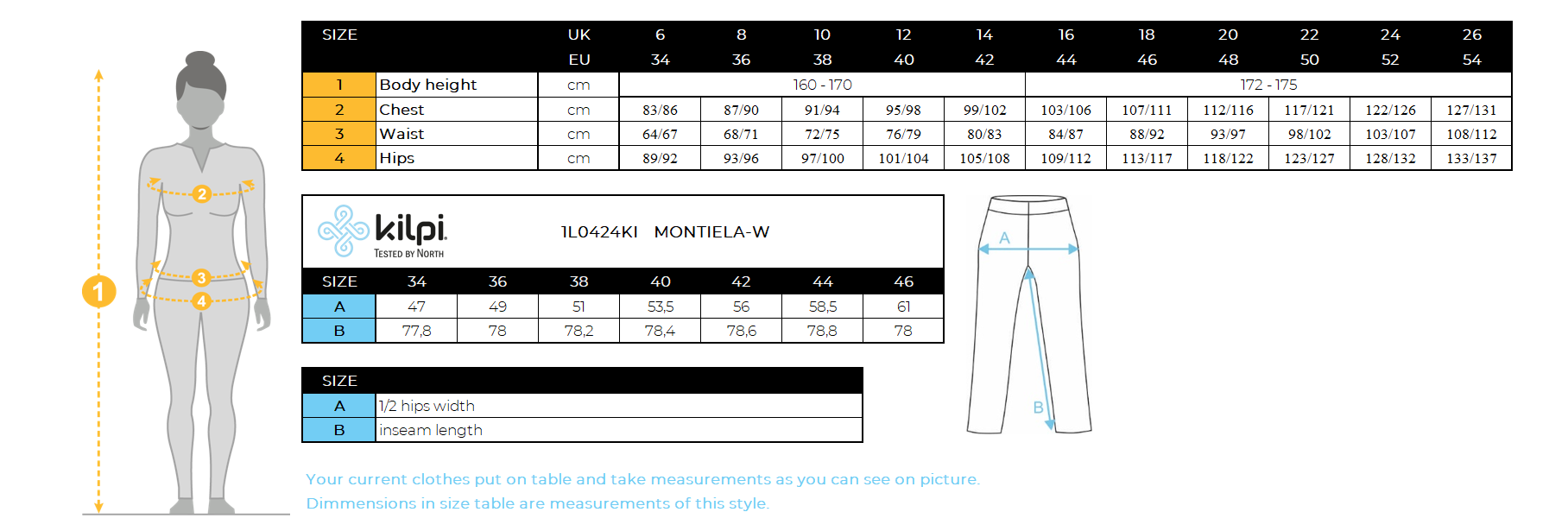 Pantalon de survêtement en coton pour femme Kilpi MONTIELA-W – Size chart