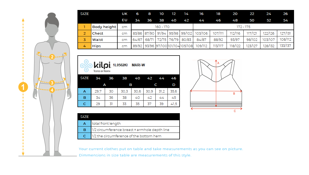 Brassière de sport femme Kilpi MARI-W – Size chart
