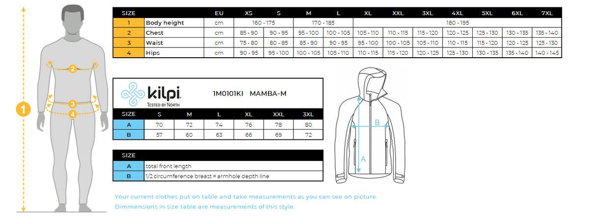 Veste hardshell imperméable homme Kilpi MAMBA-M – Size chart
